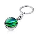 Silver aurora borealis keychain with a glowing green northern lights glass cabochon - Aurora Mountain Lake Reflection Style (XSWX1934-5)