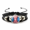 Geflochtenes Lederarmband mit US-Flaggen-Baseball-Anhänger und silbernen Perlen in Schwarz - Baseball