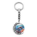 Detail of a rotating double-sided sea turtle keychain with colorful coral on silver metal - Orange Coral Swimming Turtle (JY009031-12)