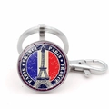 Portachiavi tondo in metallo con bandiera francese e sagoma della Torre Eiffel - Argento (Stile 1)