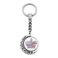 Detailed view of a silver rotating London keychain with Big Ben and red bus icons - Jy009037-8