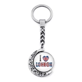 Silver metal keychain featuring a double-sided rotating I Love London Union Jack pendant - I Love London Heart Style (JY009037-7)