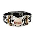 Detail of multilayer leather bracelet featuring London skyline glass charm and wood beads - London Skyline Illustration Style (JY009041-11)