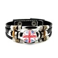 Macro detail of multi-layer leather bracelet with London Big Ben and Union Jack motif - London Red and Blue Landmark Style (JY009041-10)