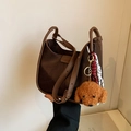 Dark brown retro tote bag with a cute plush teddy dog pendant and adjustable strap - With Pendant / Brown