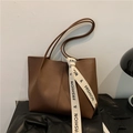 Bolso tote grande de cuero marrón con cinta de moda para el trabajo diario de mujeres - Marrón
