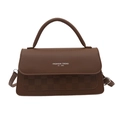 Brown square shoulder bag with checkered texture and top handle shown on white background - Brown