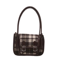 Bolso de lana a cuadros marrones con correa de cuero y hebillas plateadas estilo retro - Marrón