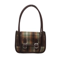 Bolso de hombro de lana a cuadros verdes con ribete de cuero marrón y hebillas plateadas - Verde
