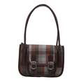 Bolso bandolera retro de lana a cuadros con correa de cuero marrón sobre fondo blanco liso - Azul