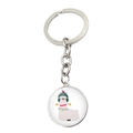 Detail of silver alpaca keychain with glass dome pendant featuring a cute cartoon design - Green Hat Alpaca Style (JY009062-8)