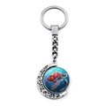 Rotating silver crescent moon keychain with sea turtle graphic under glass dome - Orange Red Shell Deep Sea Turtle (JY009031-5)