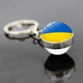 Detail of keychain featuring the Ukraine flag dome on a polished silver metal ring - Ukraine