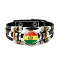 Detail of multi-layer leather bracelet with Bolivia flag glass charm and metal accents - Bolivia