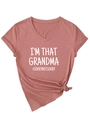 Detail of V-neck T-shirt in dusty pink with knotted hem and Grandma graphic print - Rose Pink (White Font)