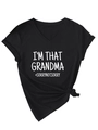 Detail of V-neck black T-shirt featuring 'I'M THAT GRANDMA' print and front hem knot - Black (White Letters)