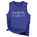 Close-up of royal blue tank top featuring fearfully wonderfully made text and hem knot - Vintage Blue (White Font)