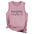 Detail of dusty pink sleeveless tank top with front knot and black graphic text - Rose Gold (Black Font)
