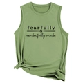 Detail of green tank top with fearfully wonderfully made text and side knot design - Olive Green (Black Font)