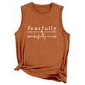 Burnt orange cotton tank top with 'fearfully & wonderfully made' slogan and side knot - Burnt Orange (White Font)