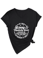 Gros plan d'un t-shirt noir col V avec texte graphique blanc et détail de nœud élégant - Noir (Police Blanche)