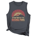 Detail of charcoal grey tank top showing national parks graphics and side knot hem design - S / Dark Gray