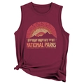 Detail of maroon National Parks tank top featuring mountain print and lower hem knot design - S / Burgundy