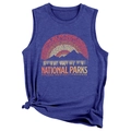 Detail of blue sleeveless tank top featuring National Parks graphic and knotted hem - Vintage Blue
