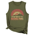 Detail of National Parks vintage print and stylish front knot on an olive green tank top - Army Green