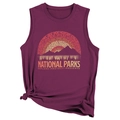 Detail of burgundy sleeveless tank top with side-knot design and national parks print - Fuschia