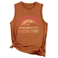 Close-up of caramel sleeveless tank top featuring National Parks print and knotted hem - Burnt Orange