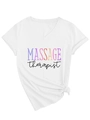 Dettaglio maglietta bianca con scollo a V, stampa MASSAGE therapist e nodo decorativo sull'orlo - S / Bianco (Stampa Nera)