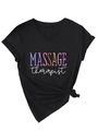 Detail of V-neck black massage therapist T-shirt featuring rainbow print and side knot hem - S / Black (White Print)