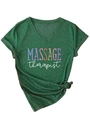 Detail of V-neck T-shirt showing knotted hem and rainbow MASSAGE therapist print - S / Vintage Green (White Print)