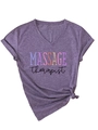 Close-up of purple V-neck massage therapist t-shirt with stylish side knot detail - S / Purple (Black Print)