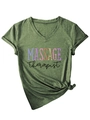 Detail of V-neck massage therapist t-shirt in vintage green with knotted hem design - S / Olive Green (Black Print)