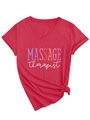 Detail of red V-neck T-shirt for massage therapists with a knotted hem on white background - S / Red (White Print)