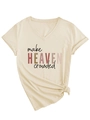 Λεπτομέρεια T-shirt με λαιμό V, τύπωμα 'make HEAVEN crowded' και κόμπο στο πλάι - S / Άμμος (Μαύρο Γραφικό)