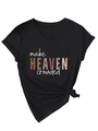 Détail du t-shirt col V avec imprimé Make Heaven Crowded et nœud à la taille - Noir (Motif blanc)