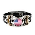 Retro multilayer leather USA flag bracelet with wooden beads and alloy charms - United States
