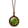 Macro view of four-leaf clover pendant with wood frame and brown woven rope - Classic Vintage Clover Style (JY009100-12) / Green
