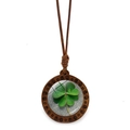 Detailed view of handmade wooden four-leaf clover pendant with green botanical specimen - Specimen Texture Clover Style (JY009100-10) / Green