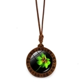 Detailed close-up of a round wood pendant necklace with a green four-leaf clover - Realistic Forest Clover Style (JY009100-9) / Green