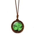 Collar trébol vintage de madera con colgante redondo de cristal y cordón trenzado café - Estilo Veta de Madera Oscura Trébol (JY009100-4) / Verde