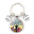 Macro shot of silver keychain featuring artistic colorful tree and house house pendants - Abstract Colorful Tree Style (JY009103-Silver 9)