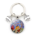 Macro shot of silver keychain featuring starry house illustration and glass tree charm - Tree of Life Hut Style (JY009103-Silver 6)