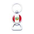 Polished silver metal bottle opener keychain with Peru national flag circular design - Peru