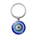 Detailed view of Turkish Evil Eye keychain with blue glass pendant on a white background - Concentric Circle Texture Style (Silver-10)