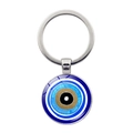 Blue Evil Eye amulet keychain with silver metal ring on white background for protection - Blue and White Minimalist Style (Silver-9)