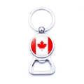 Metal keychain bottle opener featuring Canada flag design in polished silver finish - Canada